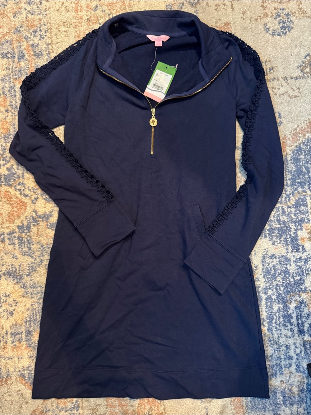 Lilly Pulitzer Navy Half-Zip Sweatshirt Dress with Gold Zipper
